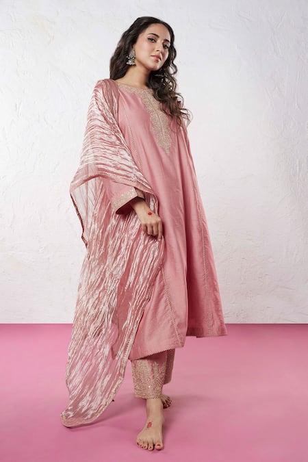 Pants and Pajamas Pink Chanderi Embroidered Sequin Round Neck Zari Kurta 