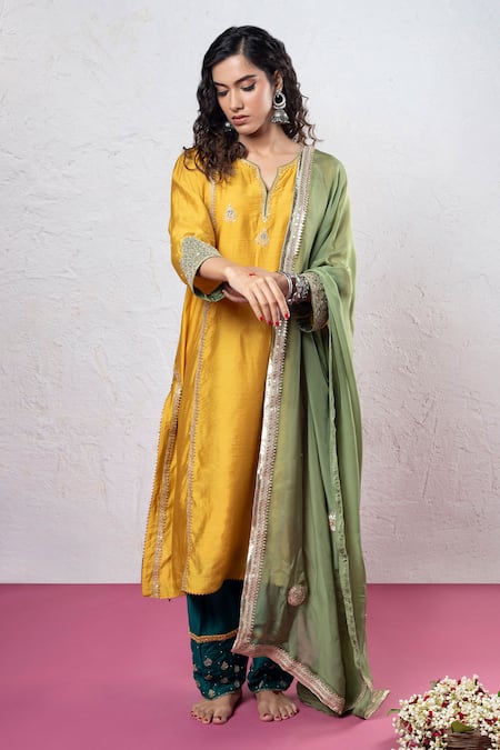 Pants And Pajamas_Yellow Chanderi Sequins, Zari, Patchwork Round Floral Applique Embroidered Kurta _Online_at_Aza_Fashions