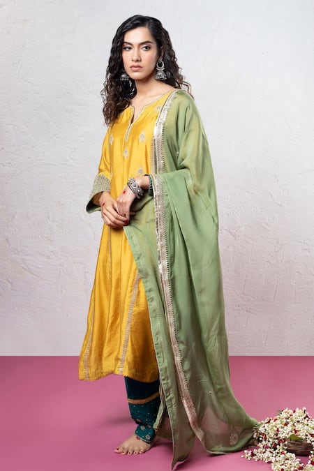 Buy_Pants And Pajamas_Yellow Chanderi Sequins, Zari, Patchwork Round Floral Applique Embroidered Kurta _Online_at_Aza_Fashions
