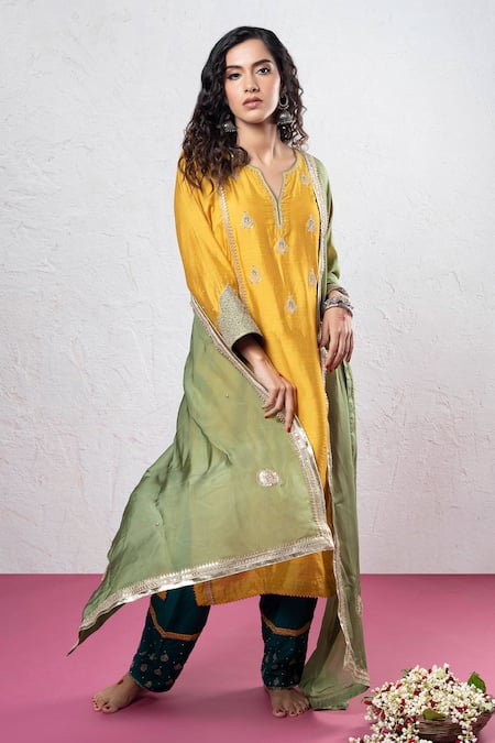Shop_Pants And Pajamas_Yellow Chanderi Sequins, Zari, Patchwork Round Floral Applique Embroidered Kurta _Online_at_Aza_Fashions