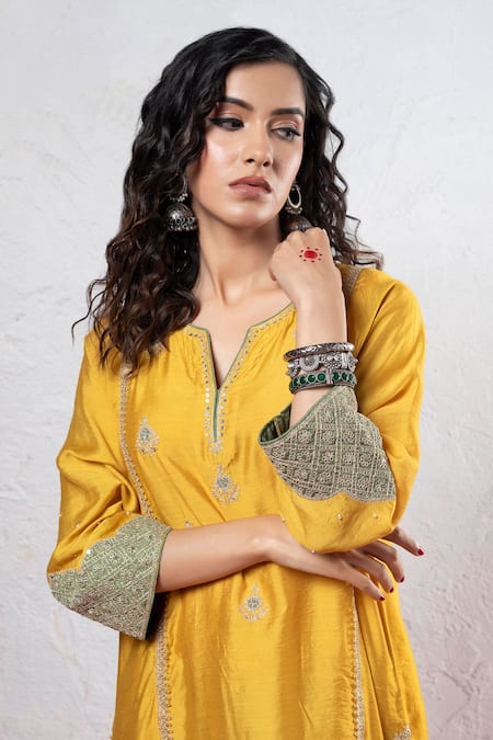 Pants And Pajamas_Yellow Chanderi Sequins, Zari, Patchwork Round Floral Applique Embroidered Kurta _at_Aza_Fashions