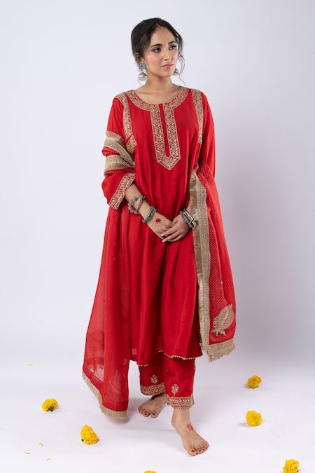 Pants and Pajamas Embroidered Yoke Chanderi Kurta 