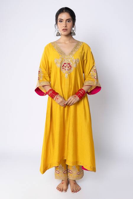 Pants And Pajamas_Yellow Chanderi Sequins, Zari V-neck Embroidered A-line Kurta _Online_at_Aza_Fashions