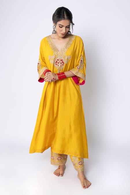 Buy_Pants And Pajamas_Yellow Chanderi Sequins, Zari V-neck Embroidered A-line Kurta _Online_at_Aza_Fashions