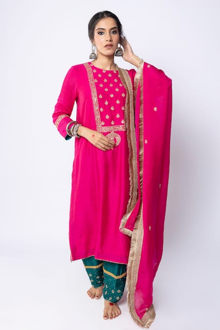 Pants And Pajamas_Green Chanderi Sequins, Zari Round Neck Embroidered Yoke Kurta _Online_at_Aza_Fashions