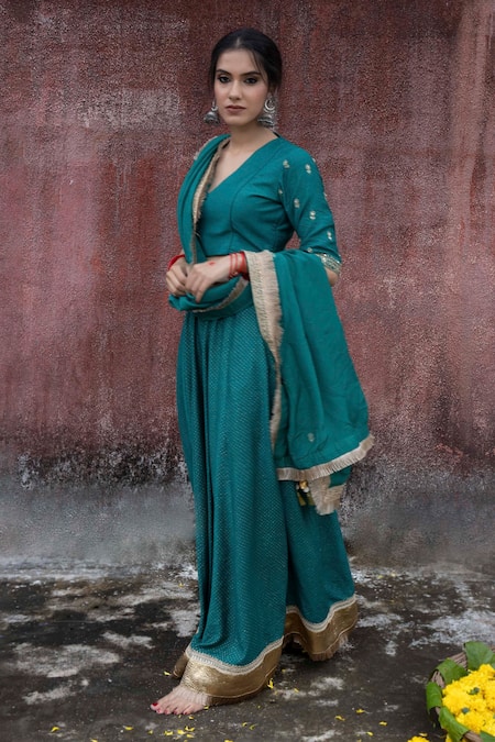 Pants And Pajamas_Green Chanderi, Organza Embroidery, Gota Patti V-neck Lehenga Blouse Set _Online_at_Aza_Fashions