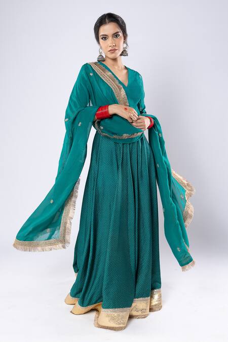 Shop_Pants And Pajamas_Green Chanderi, Organza Embroidery, Gota Patti V-neck Lehenga Blouse Set _Online_at_Aza_Fashions