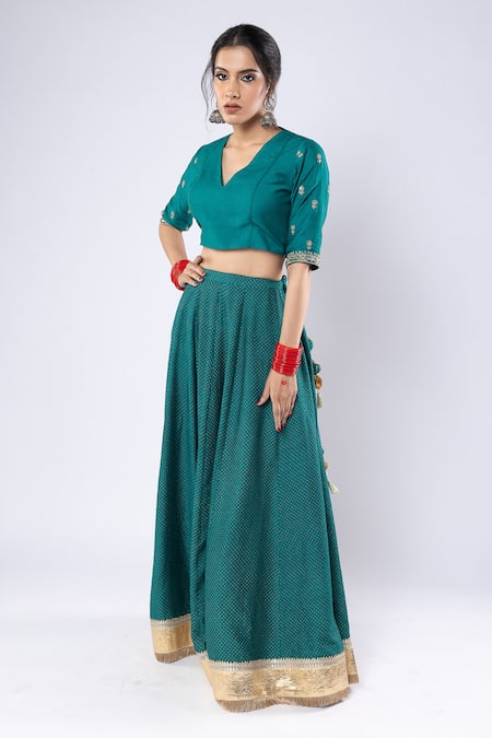 Pants And Pajamas_Green Chanderi, Organza Embroidery, Gota Patti V-neck Lehenga Blouse Set _at_Aza_Fashions