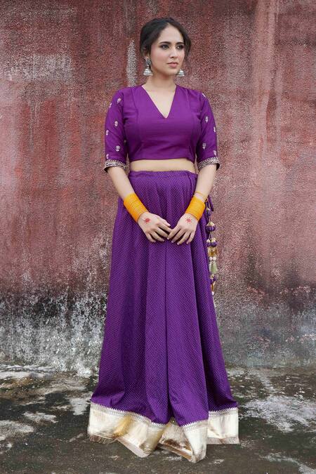 Shop_Pants And Pajamas_Purple Chanderi, Organza Embroidery, Gota Patti V-neck Bordered Lehenga Set _Online_at_Aza_Fashions