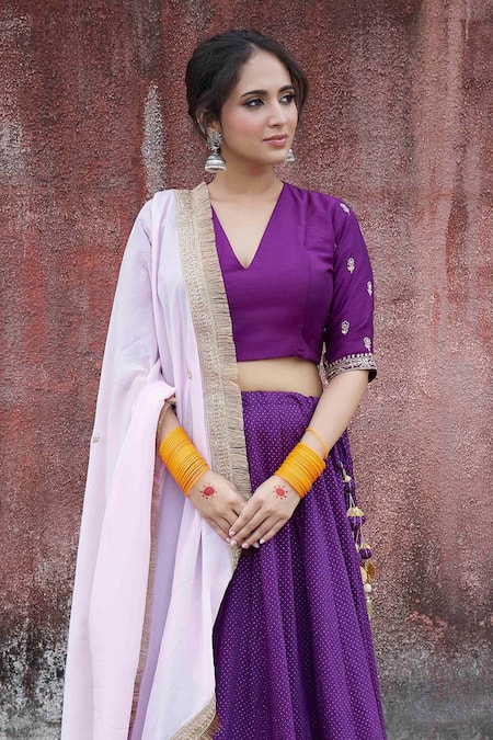Pants And Pajamas_Purple Chanderi, Organza Embroidery, Gota Patti V-neck Bordered Lehenga Set _at_Aza_Fashions