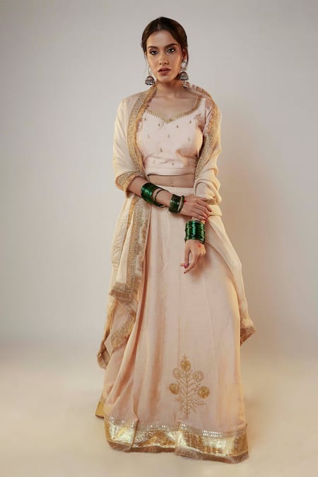 Pants and Pajamas Beige Lehenga And Blouse Chanderi Embroidered Floral Leaf Set