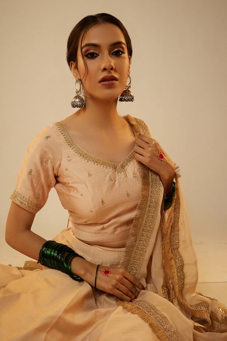 Pants And Pajamas Beige Chanderi, Organza Embroidery, Gota Patti, Sequins Floral Lehenga Set Online at Aza Fashions Pants And Pajamas_Beige Chanderi, Organza Embroidery, Gota Patti, Sequins Floral Lehenga Set _Online_at_Aza_Fashions