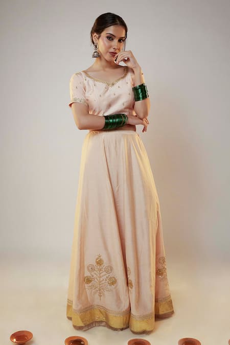 Shop Pants And Pajamas Beige Chanderi, Organza Embroidery, Gota Patti, Sequins Floral Lehenga Set Online at Aza Fashions Shop_Pants And Pajamas_Beige Chanderi, Organza Embroidery, Gota Patti, Sequins Floral Lehenga Set _Online_at_Aza_Fashions
