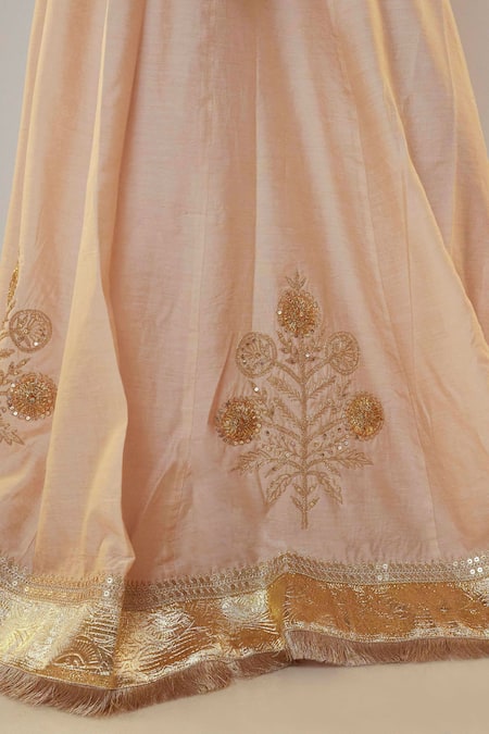 Pants And Pajamas Beige Chanderi, Organza Embroidery, Gota Patti, Sequins Floral Lehenga Set at Aza Fashions Pants And Pajamas_Beige Chanderi, Organza Embroidery, Gota Patti, Sequins Floral Lehenga Set _at_Aza_Fashions