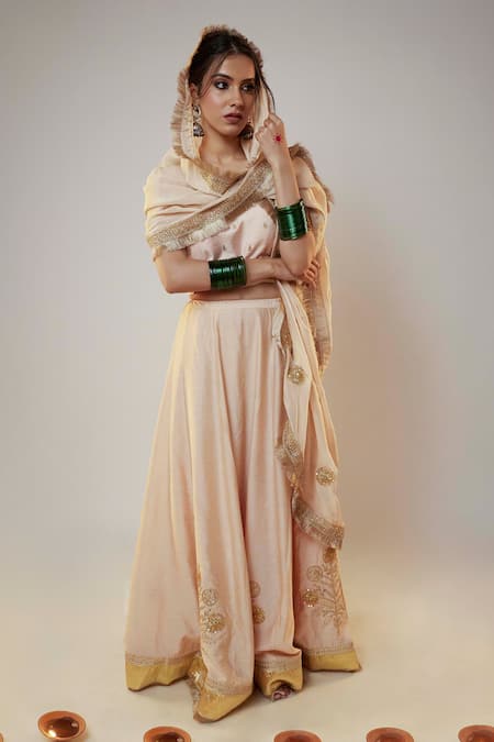 Buy Pants And Pajamas Beige Chanderi, Organza Embroidery, Gota Patti, Sequins Floral Lehenga Set Buy_Pants And Pajamas_Beige Chanderi, Organza Embroidery, Gota Patti, Sequins Floral Lehenga Set