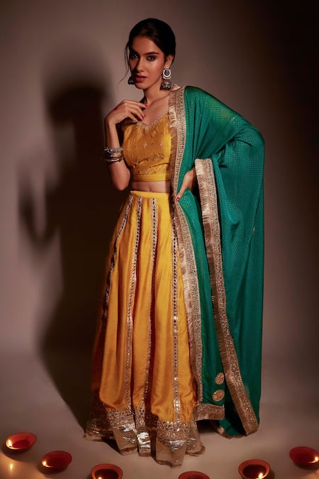 Pants And Pajamas Yellow Chanderi, Organza Embroidery, Gota Patti Asymmetric Lehenga Blouse Set Online at Aza Fashions Pants And Pajamas_Yellow Chanderi, Organza Embroidery, Gota Patti Asymmetric Lehenga Blouse Set _Online_at_Aza_Fashions