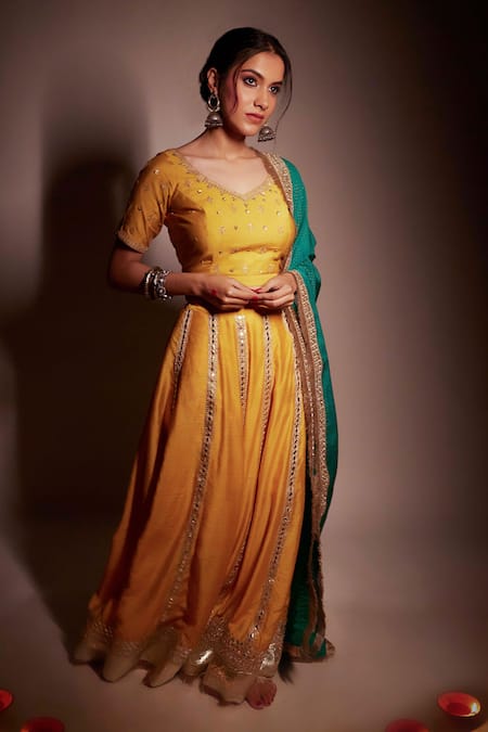 Buy Pants And Pajamas Yellow Chanderi, Organza Embroidery, Gota Patti Asymmetric Lehenga Blouse Set Online at Aza Fashions Buy_Pants And Pajamas_Yellow Chanderi, Organza Embroidery, Gota Patti Asymmetric Lehenga Blouse Set _Online_at_Aza_Fashions