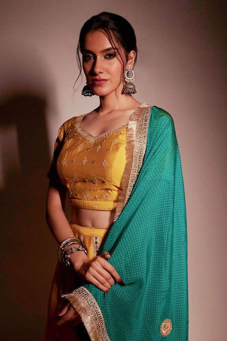 Shop Pants And Pajamas Yellow Chanderi, Organza Embroidery, Gota Patti Asymmetric Lehenga Blouse Set Online at Aza Fashions Shop_Pants And Pajamas_Yellow Chanderi, Organza Embroidery, Gota Patti Asymmetric Lehenga Blouse Set _Online_at_Aza_Fashions