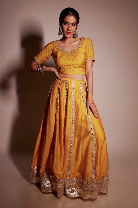 Pants And Pajamas Yellow Chanderi, Organza Embroidery, Gota Patti Asymmetric Lehenga Blouse Set at Aza Fashions Pants And Pajamas_Yellow Chanderi, Organza Embroidery, Gota Patti Asymmetric Lehenga Blouse Set _at_Aza_Fashions