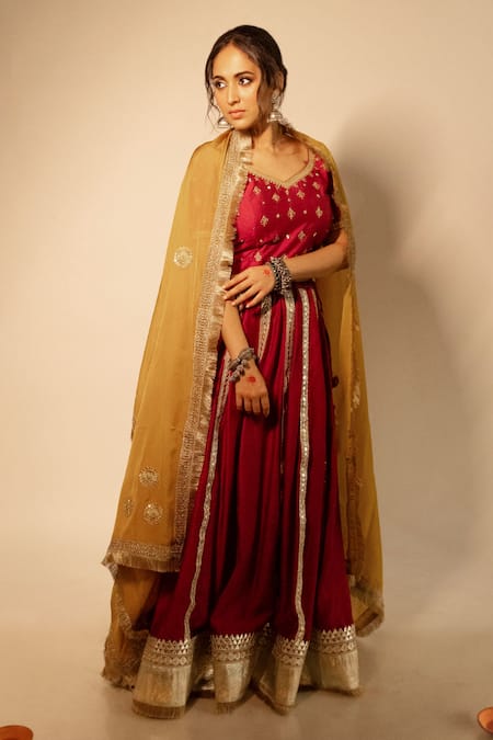 Buy_Pants And Pajamas_Wine Chanderi, Organza Embroidery, Gota Patti Floral Lehenga Blouse Set _Online_at_Aza_Fashions