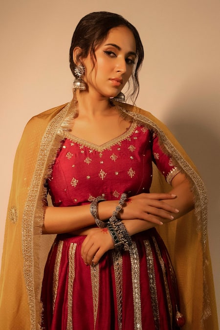 Shop_Pants And Pajamas_Wine Chanderi, Organza Embroidery, Gota Patti Floral Lehenga Blouse Set _Online_at_Aza_Fashions