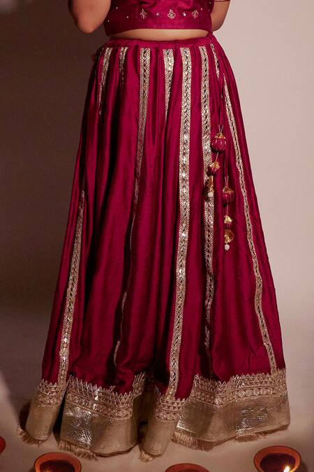 Pants And Pajamas_Wine Chanderi, Organza Embroidery, Gota Patti Floral Lehenga Blouse Set _at_Aza_Fashions