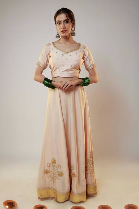 Pants and Pajamas Beige Chanderi Embroidered Floral Leaf Blouse