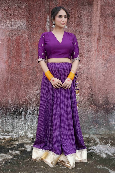 Pants and Pajamas Purple Chanderi Embroidered Kiran And Gota Lace Work Border Lehenga Skirt 