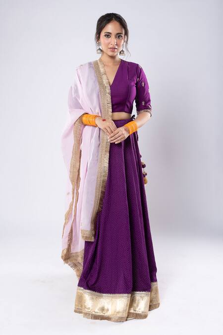 Pants And Pajamas_Purple Chanderi Tassels, Lace Border Embroidered Lehenga Skirt _Online_at_Aza_Fashions