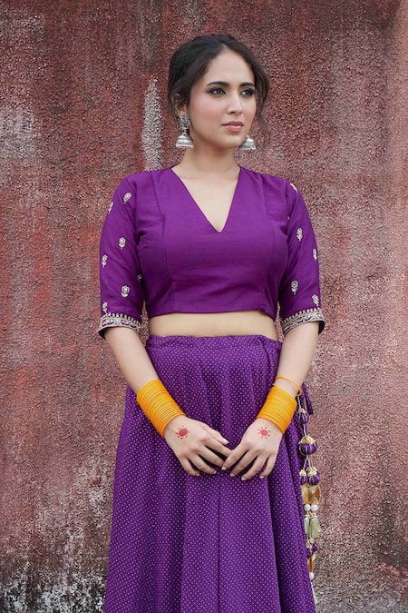 Shop_Pants And Pajamas_Purple Chanderi Tassels, Lace Border Embroidered Lehenga Skirt _Online_at_Aza_Fashions