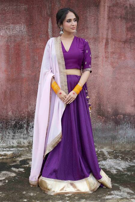 Pants And Pajamas_Purple Chanderi Tassels, Lace Border Embroidered Lehenga Skirt _at_Aza_Fashions