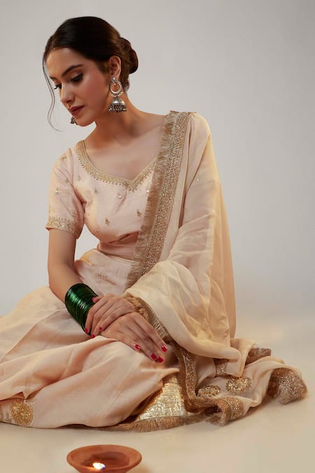 Pants And Pajamas Peach Chanderi Sequins, Zari, Tassels Placement Embroidered Lehenga Skirt Online at Aza Fashions Pants And Pajamas_Peach Chanderi Sequins, Zari, Tassels Placement Embroidered Lehenga Skirt _Online_at_Aza_Fashions