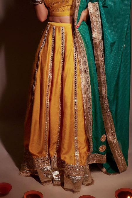 Buy_Pants And Pajamas_Yellow Chanderi Tassels, Gota Patti Embroidered Lehenga Skirt _Online_at_Aza_Fashions