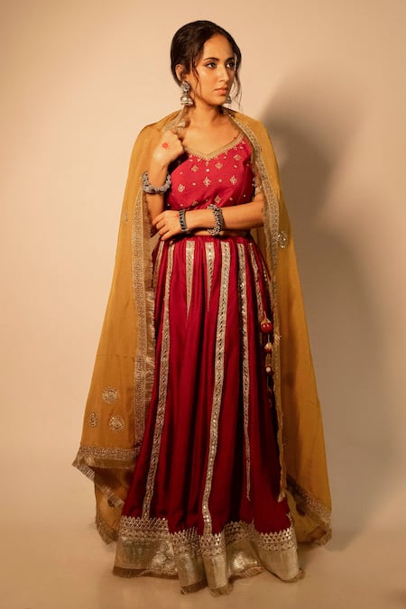 Pants And Pajamas Wine Chanderi Tassels, Sequins Gota Embroidered Lehenga Skirt Online at Aza Fashions Pants And Pajamas_Wine Chanderi Tassels, Sequins Gota Embroidered Lehenga Skirt _Online_at_Aza_Fashions