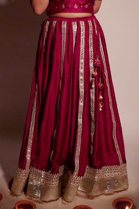 Shop Pants And Pajamas Wine Chanderi Tassels, Sequins Gota Embroidered Lehenga Skirt Online at Aza Fashions Shop_Pants And Pajamas_Wine Chanderi Tassels, Sequins Gota Embroidered Lehenga Skirt _Online_at_Aza_Fashions