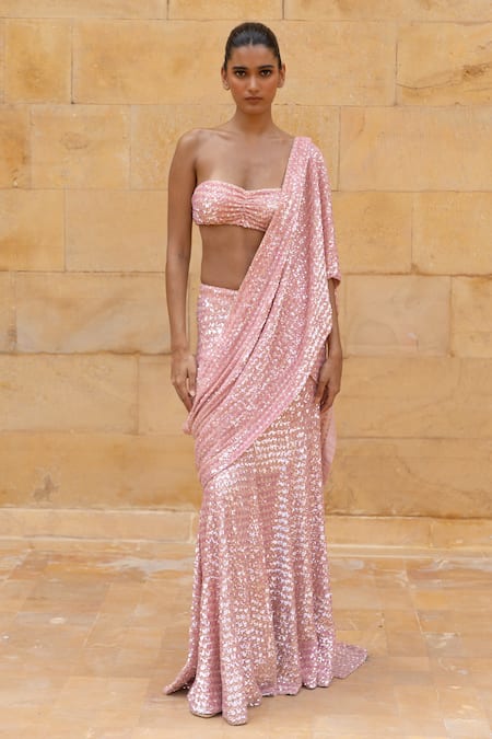 Arpita Mehta Pink Georgette Sequins, Mirrors, Cut Embroidered Pre-draped Saree With Blouse at Aza Fashions Arpita Mehta_Pink Georgette Sequins, Mirrors, Cut Embroidered Pre-draped Saree With Blouse_at_Aza_Fashions