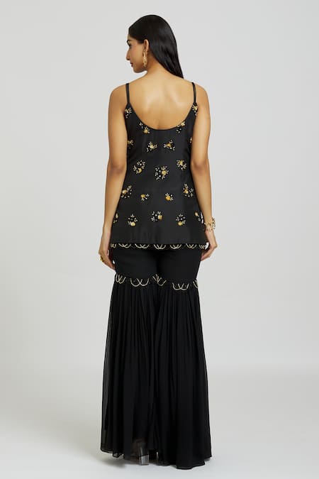 Nitisha Kashyap Official_Black Silk, Georgette, Net Sequins, Beads, Embroidery Round Kurta Gharara Set _Online_at_Aza_Fashions
