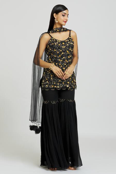 Shop_Nitisha Kashyap Official_Black Silk, Georgette, Net Sequins, Beads, Embroidery Round Kurta Gharara Set _Online_at_Aza_Fashions