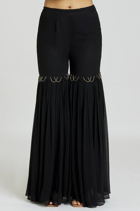 Nitisha Kashyap Official_Black Silk, Georgette, Net Sequins, Beads, Embroidery Round Kurta Gharara Set _at_Aza_Fashions