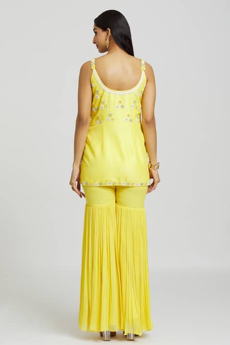 Nitisha Kashyap Official Yellow Silk, Net, Georgette Beads, Embroidery Round Floral Kurta Gharara Set Online at Aza Fashions Nitisha Kashyap Official_Yellow Silk, Net, Georgette Beads, Embroidery Round Floral Kurta Gharara Set _Online_at_Aza_Fashions