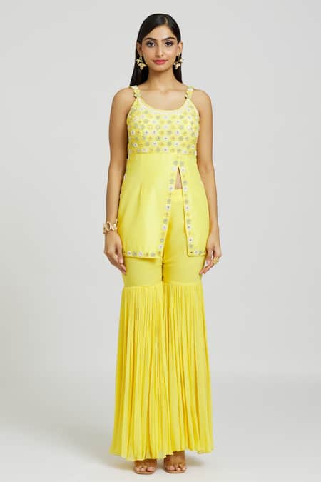 Buy Nitisha Kashyap Official Yellow Silk, Net, Georgette Beads, Embroidery Round Floral Kurta Gharara Set Online at Aza Fashions Buy_Nitisha Kashyap Official_Yellow Silk, Net, Georgette Beads, Embroidery Round Floral Kurta Gharara Set _Online_at_Aza_Fashions
