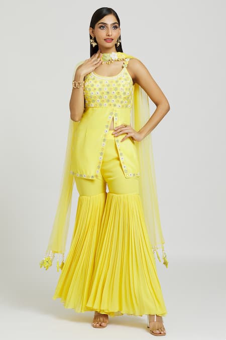 Shop Nitisha Kashyap Official Yellow Silk, Net, Georgette Beads, Embroidery Round Floral Kurta Gharara Set Online at Aza Fashions Shop_Nitisha Kashyap Official_Yellow Silk, Net, Georgette Beads, Embroidery Round Floral Kurta Gharara Set _Online_at_Aza_Fashions