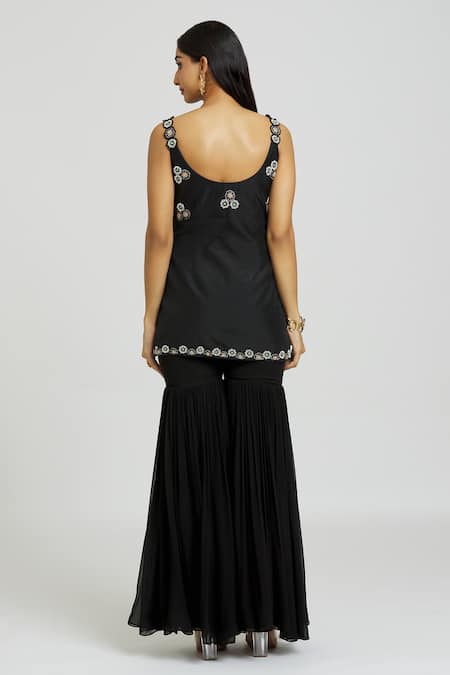 Nitisha Kashyap Official_Black Silk, Georgette, Net Sequins, Beads, Floral And Kurta Gharara Set _Online_at_Aza_Fashions