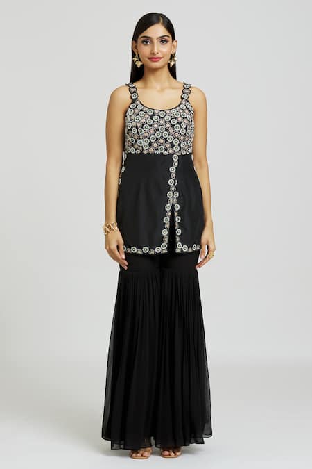Buy_Nitisha Kashyap Official_Black Silk, Georgette, Net Sequins, Beads, Floral And Kurta Gharara Set _Online_at_Aza_Fashions