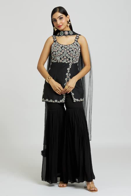 Shop_Nitisha Kashyap Official_Black Silk, Georgette, Net Sequins, Beads, Floral And Kurta Gharara Set _Online_at_Aza_Fashions