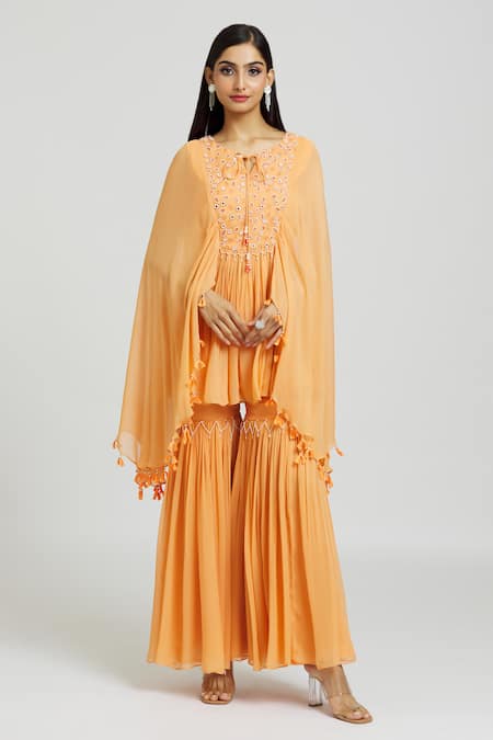 Nitisha Kashyap Official Peach Georgette Embroidered Beads Round Kaftan And Gharara Set 