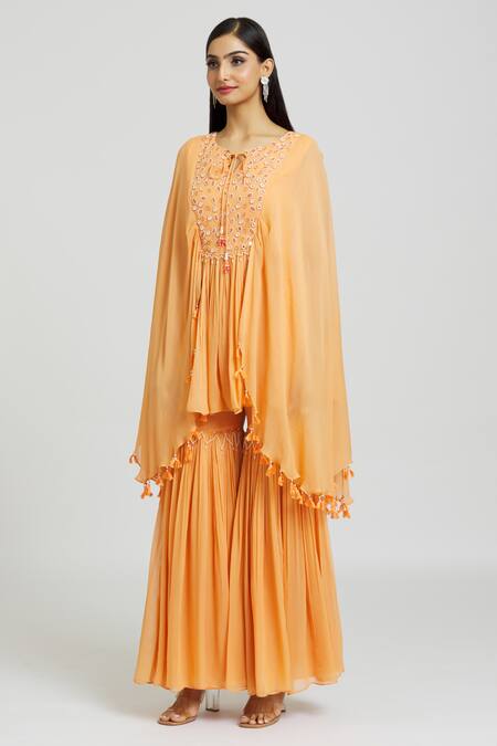 Buy_Nitisha Kashyap Official_Peach Georgette Beads, Mirrors Round Neck Embroidered Kaftan And Gharara Set _Online_at_Aza_Fashions