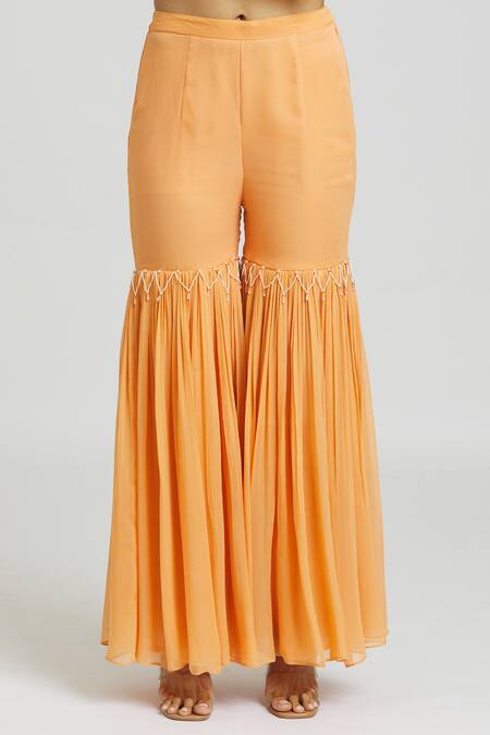 Shop_Nitisha Kashyap Official_Peach Georgette Beads, Mirrors Round Neck Embroidered Kaftan And Gharara Set _Online_at_Aza_Fashions