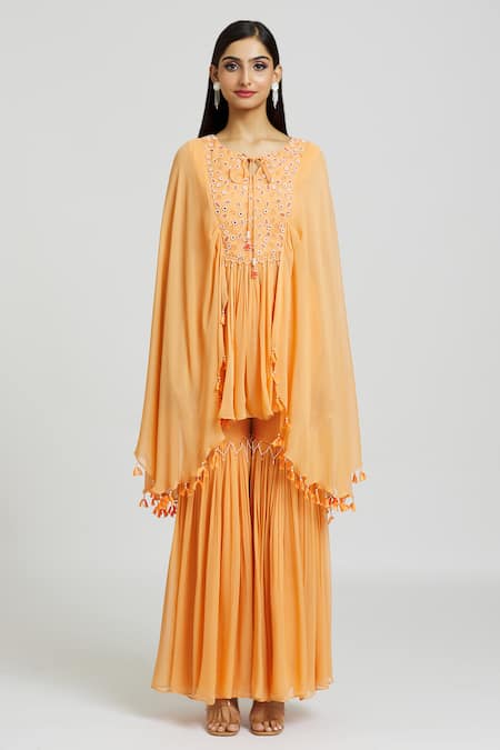 Nitisha Kashyap Official_Peach Georgette Beads, Mirrors Round Neck Embroidered Kaftan And Gharara Set _at_Aza_Fashions