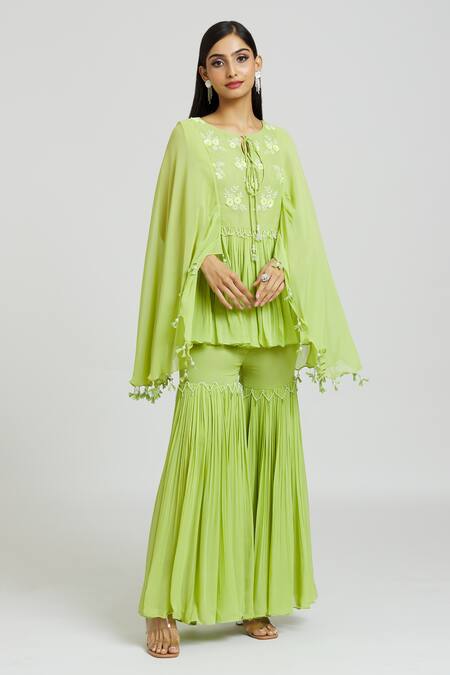 Buy_Nitisha Kashyap Official_Green Georgette Beads, Mirrors Round Neck Embroidered Kaftan And Gharara Set _Online_at_Aza_Fashions